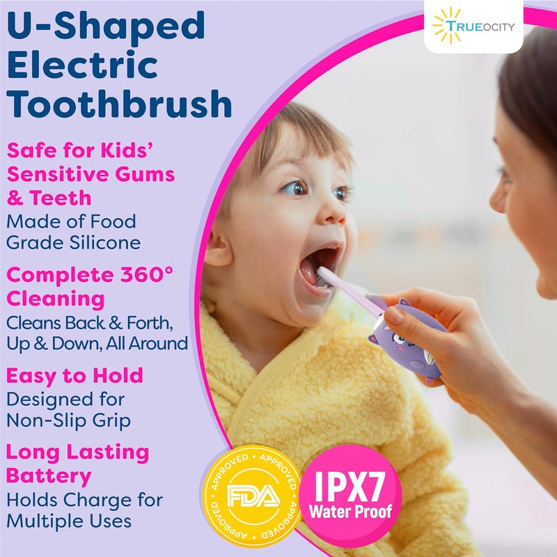 Trueocity Kids U Shape Toothbrush Auto Electric Toddler Rechargeable Kids Automatic Toothbrush | 360° U-Shaped Silicone Brush Head | Gentle Cleaning for Ages 2–7 | Unicorn Design (Purple) - Image 5